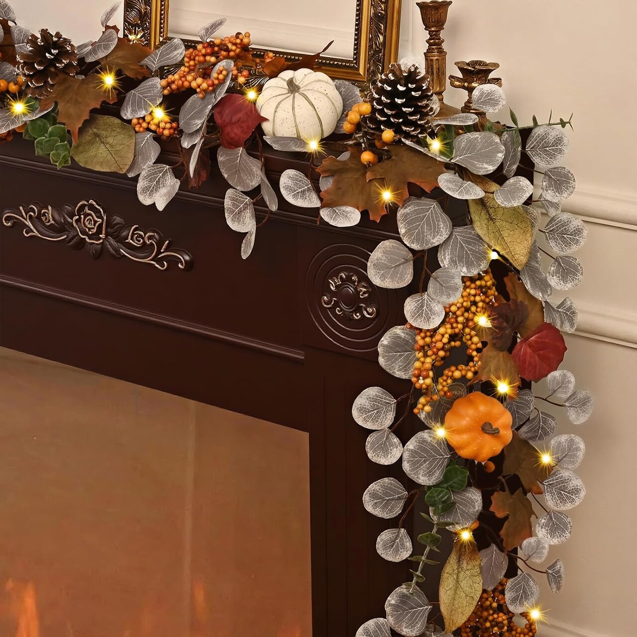 Fall Garland for Mantle, 6 Ft Fall Garland with Lights, Autumn Leaves Garland